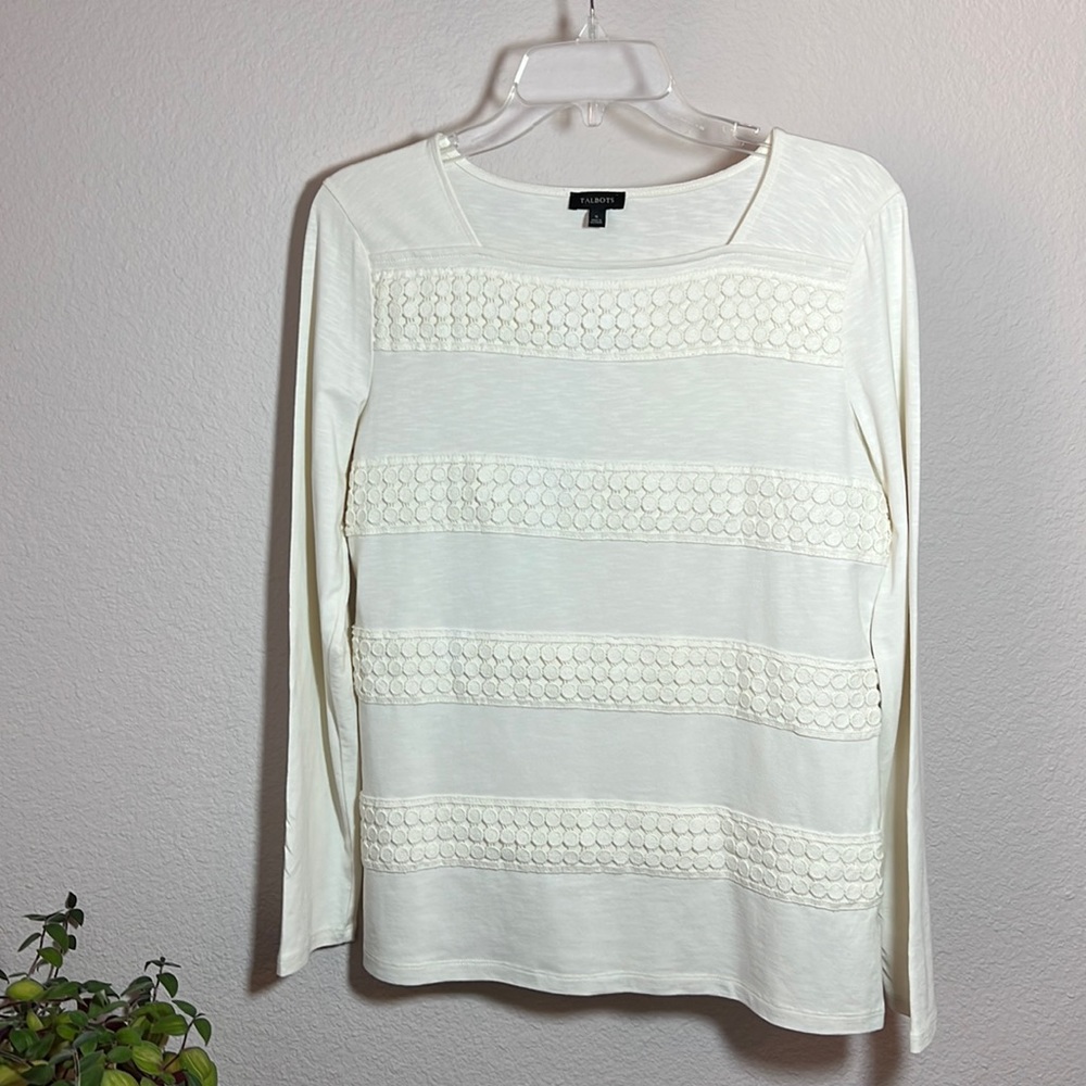 Talbots Long Sleeve Square Neck Lightweight Crochet Cotton Top Cream Size Small